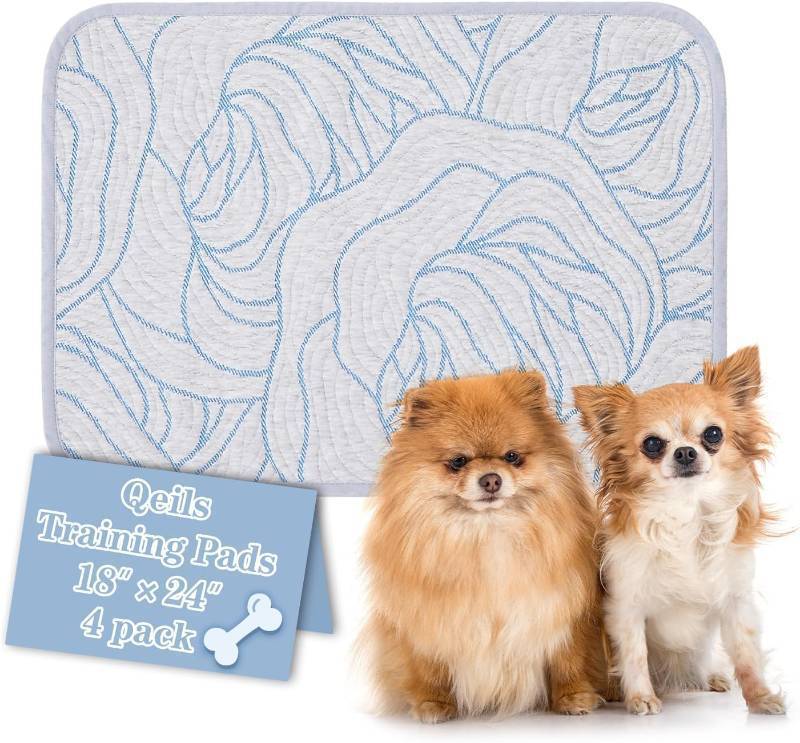 lot 4485 image: Qeils Pee Pads for Dogs, 4 Pack Reusable Puppy Pads 18x24 Super Absorbent Leakproof Dog Wee Wee Pads, Anti-Slip Potty Training Pads for Floor, Crate,Couch, Whelping Pads Litter Mat Dog Accesories