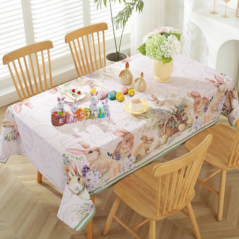 lot 4486 image: SASTYBALE Easter Tablecloth for Rectangle Tables 52x70 Inch, Cute Bunny Eggs Design, Beige Washable Fabric Table Cover for Dinner Party Spring Easter Decor
