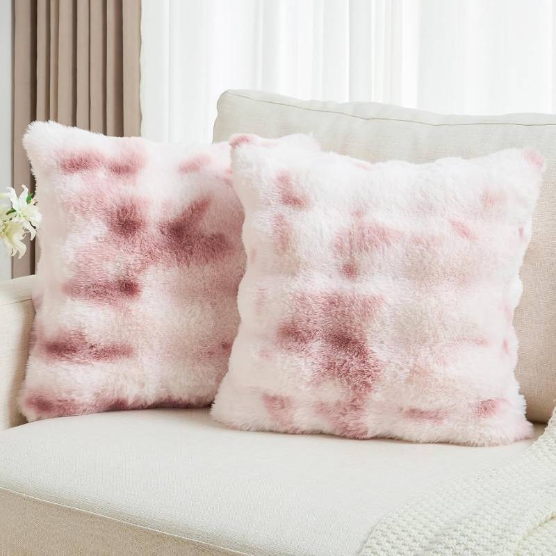 lot 4338 image: FUTEI Pink White Decorative Throw Pillow Covers 20x20 Inch Set of 2,Soft Fuzzy Faux Rabbit Fur Cushion Covers with Raised Texture,Neutral Boho Home Decor for Couch Bed Living Room