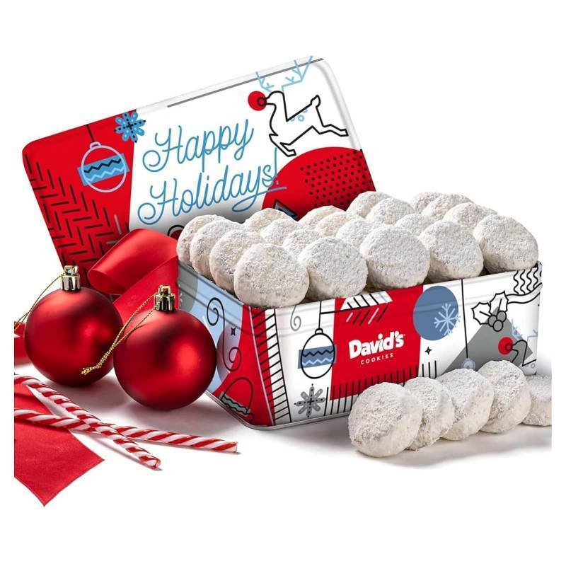 lot 4416 image: David s Cookies Winter Wonderland Butter Pecan Meltaway Tin - Delicious with Crunchy Pecans - Soft & Melt In Your Mouth Flavorful Snack, Gourmet Holiday Food Gift Basket 16oz