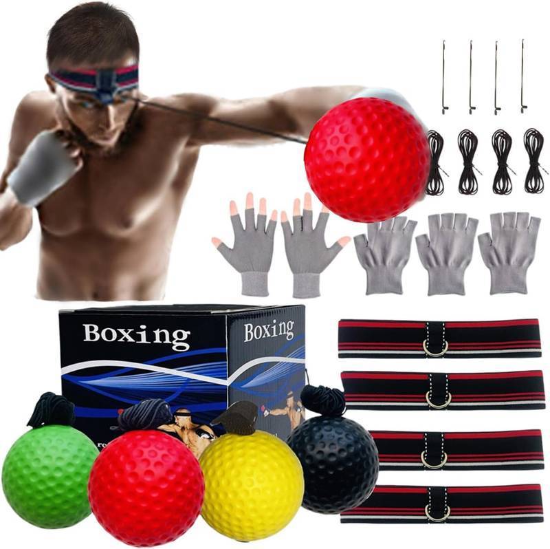 lot 4496 image: Reflex Balls Boxing Headband Set for MMA Boxing Kickboxing Training Reaction Ball Kit Includes 4 Different Levels Balls4 Elastic Headbands4 Spare Lines4 Gloves for All People