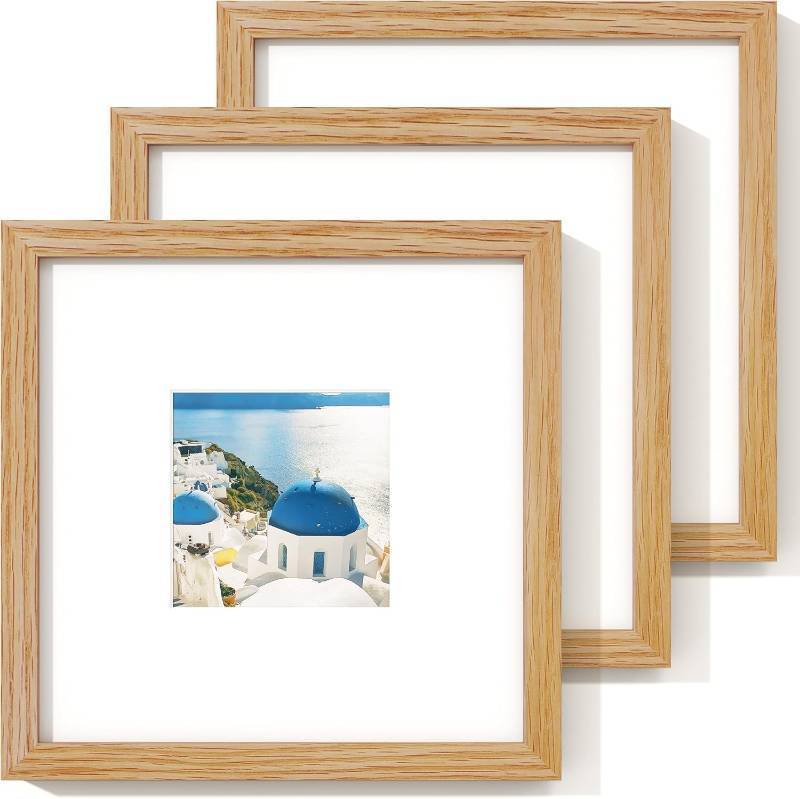 lot 4201 image: Axeman 8 x 8 Photo Frame  Solid Oak Wood 8x8 Frame With Mat For 4x4  8 By 8 Wood Photo Frame, Plexiglass And Hanging Hardware Included, Walnut 3PCs