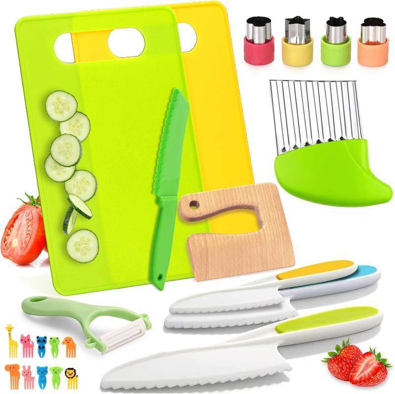 lot 3549 image: 23 Pcs Kids Knife Set for Real Cooking, Montessori Kitchen Toys for Toddlers Kids Cooking Sets, Toddler Knife Set with Plastic Children Safe Knives, Wooden Knife, Potato Slicers, Peeler, Cutting Board