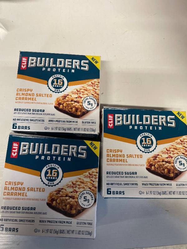 lot 1065 image: Three Boxes - CLIF BUILDERS Protein Bars Crispy Almond Salted Caramel, Reduced Sugar, Gluten Free, 6ct