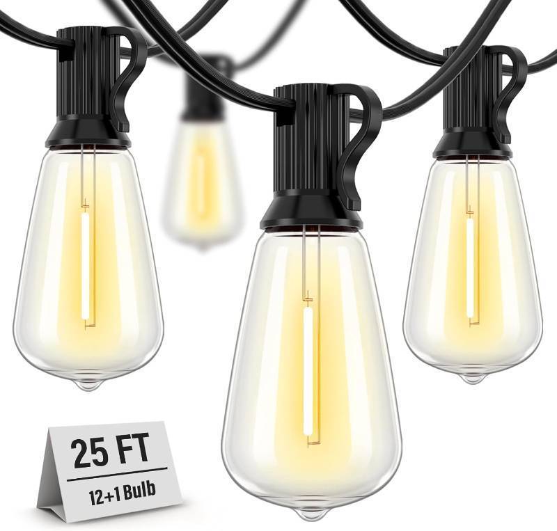 lot 2113 image: Outdoor String Lights Waterproof, 25 Feet Patio Lights with 13 ST38 Edison Bulbs(1 Sqare), Hanging Lights with Plug in Cord for Porch, Blacony, Backyard, Bistro, Garden, 2700K