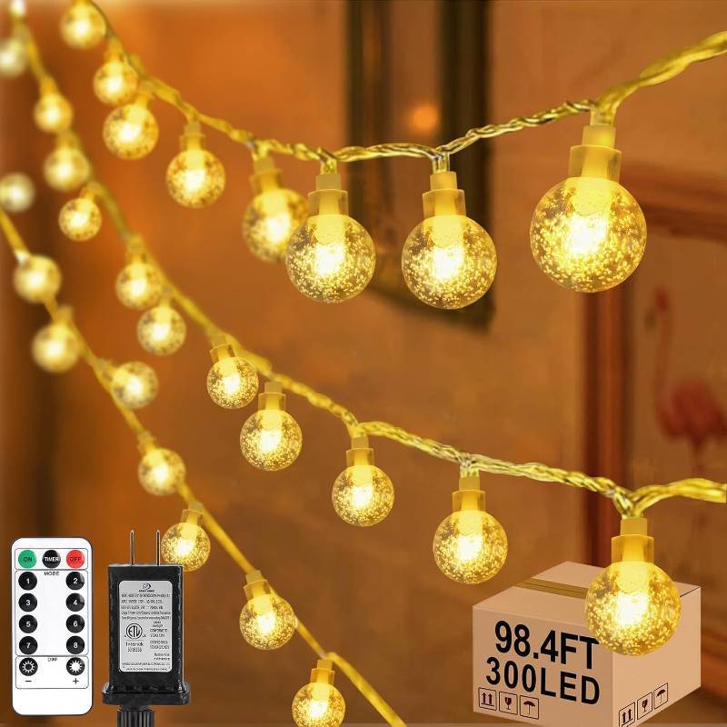 lot 2120 image: Heceltt 98.4ft 300LED Globe String Lights Outdoor,Crystal Fairy Light IP44 Waterproof Outdoor Hanging Decorative Lights for Home Tent Patio Garden Party Wedding Decor