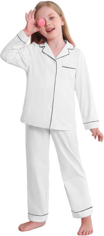 lot 3488 image: Veseacky Unisex Girls Boys Pajamas Long Sleeve Sleepwear Button-Down 2 Pcs Pjs Set for 5-14 Years SIZE 12