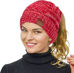 lot 8054 image: Rosoz Womens Ponytail Beanie Winter Beanie Hat Ponytail Hatfor Women Tail Stretch Cable Knit Cap Messy High Bun Hat