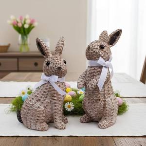lot 8079 image: Rattan Effect Resin Easter Bunny Figurines Decor 2 PCS Wicker Looking Rabbit Decorations with Bow for Spring Table Centerpieces Indoor Farmhouse Home Decor(Small Rattan)