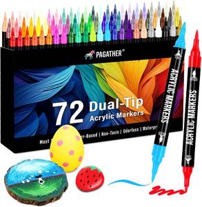 lot 7668 image: Pagather 72 Colors Acrylic Paint Markers, Dual Tip with Fine Tip and Brush Tip Pens for Stone, Wood, Calligraphy, Canvas, Ceramic, Metal, Glass, Rock Painting, DIY Crafts