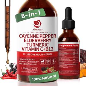 lot 7717 image: Cayenne Pepper Drops, 8-in-1 Complex - Elderberry, Turmeric Curcumin, Astragalus, Ginseng, Vitamin C & B12, Organic Liquid Supplement, Fast Absorbing Berry Flavor, 2 FL OZ   Daily Wellness Support