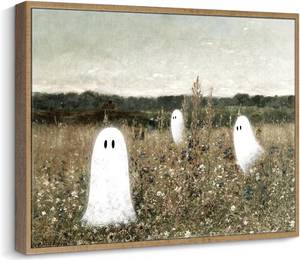 lot 7749 image: Pinetree Art Funny Framed Easter Canvas Wall Art for Living Room, Cute Ghosts at Wildflower Meadow Painting Prints- Vintage Spooky Wall Art for Bedroom Home Decor (12 x 16, K)