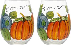 lot 7784 image: NIRA.Z Hand Painted Stemless Wine Glasses 16.9 OZ Set of 2, Artisan Wine Glass Cups, Unique Design Wine Tumblers Ideal for Gift, Special Days, Holiday, Party, Thanksgiving, Home Kitchen Decor(Pumpkin)