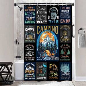 lot 7787 image: JAWO Camper RV Shower Curtain, Happy Campers Shower Curtain Retro Cute for Travel Trailer Camping Motor RV Bathroom Stall Shower Curtain Set, Small Size Shower Cutain, with Hooks 47x64IN