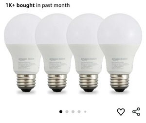 lot 7934 image: Amazon Basics Smart A19 LED Light Bulb, Dimmable Soft White (2700K), 9W (60W Equivalent), 800LM, Energy Efficient, Works with Alexa Only, 2.4 GHz Wi-Fi, No Hub Required, 4-Pack