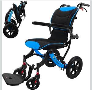 Wheelchairs for Adults,Transport Wheelchair Lightweight Foldable with Removable Cushion,Ergonomic Transfer Chair with 12-inch Rear Wheels for All Terrains,Travel Wheelchair,Blue - Retail: $269