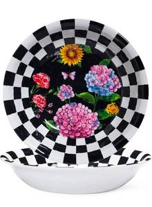 lot 20783 image: LEHAHA Melamine Large Serving Bowls, Set of 2, Sunflower 13.75 x 2.75 (130 OZ) Pasta and Salad Bowl, Black Plaid Durable for Kitchen, Dishwasher Safe - Retail $39