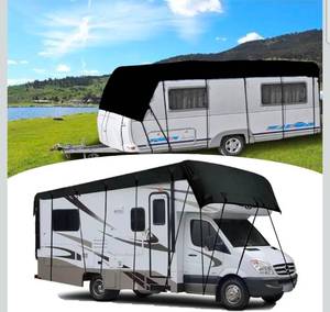 lot 20786 image: RV Cover 18-22 FT Travel Trailer Camper Cover, 210D Heavy Duty RV Roof Cover, RV Tarp All Weather Waterproof for Roof Only-Snow Proof, Wind and Rain- RV Tarp - Retail $69
