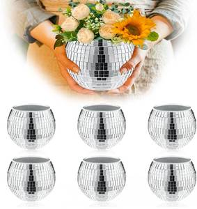 lot 20787 image: 6 Pcs Disco Vase, Silver Mirror Ball Disco Ball Planter 5 X 6 Glass Silver Candle Holder White Vases for Centerpieces Table Decorations Party Wedding Birthday Gift - Retail $87