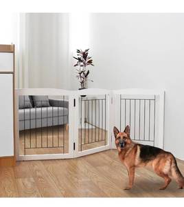 lot 20792 image: ZJSF Freestanding Foldable Dog Gate for House Extra Wide Wooden White Indoor Puppy Gate Stairs Doorways Pet Gate Tall Dog Fence 3 Panels Fence - Retail $59