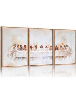 lot 20793 image: KAIRNE Jesus Last Supper Framed Canvas Wall Art Set, Christian Twelve Apostle Wall Decor, Bible Renaissance wall Painting, Religious Picture Art Print for Living Room, Bedroom, Church-24 x36 x3 - Retail $129