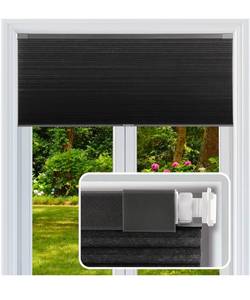 lot 20800 image: Cordless Cellular Shades, No Drill No Tools Light Filtering Honeycomb Shades, Pleated Blinds for Windows, Easy to Install, Black 34 W x 48 H - Retail $41