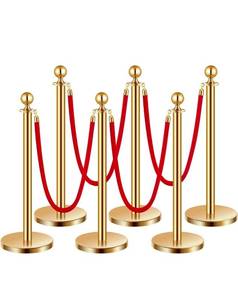 lot 20805 image: VEVOR Stanchions and Velvet Ropes 6Pcs, Hollow Base with Stainless Steel Post, 4 Red Velvet Ropes and Posts, Crowd Control Barriers Gold Stanchions, Red Carpet Runner Poles for Party Supplies - Retail $89