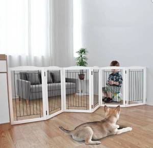 lot 20806 image: ZJSF Freestanding Foldable Dog Gate Wooden Extra Wide White Puppy Gate 6 Panels Tall Pet Gates for The House Dog Fence - Retail $139