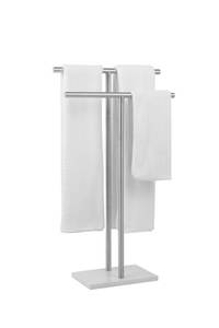 lot 20807 image: Free Standing Towel Rack for Bathroom - Brushed Nickel Finish - Stand Alone 2 Tier Stainless Steel Towel Rack for Bathroom Floor with Heavy Marble Base, Double T Shape Drying Stand for Towels - Retail $69