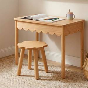 lot 20810 image: CAALMA Kids Table and Chair Set (Ages 3��7), Solid Wood with Lift-Top Hidden Storage - Montessori Table and Chair Set with Scalloped Design, Easy-Clean Surface & Gold Hardware - Retail $169