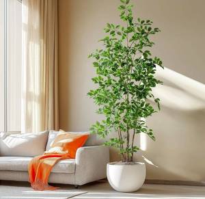 lot 20815 image: Bailikang Artificial Ficus Tree Indoor 7ft, Large Potted Faux Tree with Realistic Silk Leaves & Trunk for Home Office, Living Room Corner Decor - Retail $129