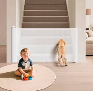 lot 20817 image: Retractable Baby Gate for Stairs - 34 Tall Extends to 55 Wide Mesh Baby Gate with Anti-Crawling Hook, Adjustable Baseboard Bracket, Pet Gate for Doorways, Hallways, Indoor, White - Retail $49