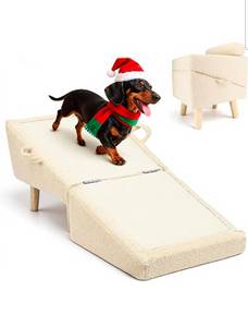 lot 20820 image: Dog Stairs for Small Dogs and Cats �� 2-in-1 Dog Ramp for Couch and Low Bed, 16.5 Foldable Wooden Pet Ramp, Sturdy Multi-Use Split Ottoman Design, Beige - Retail $76