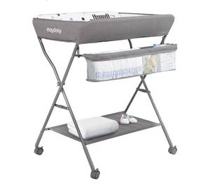 lot 20832 image: Baby Changing Table with Wheels, Maydolly Portable Adjustable Height Folding Diaper Station with Nursery Organizer & Storage Rack for Newborn Baby and Infant (Light Grey) - Retail $95