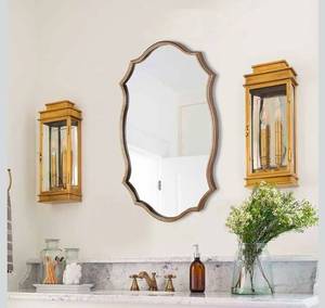 lot 20835 image: Wall Mirror in Vintage Golden, Decorative 20x30 Accent Vanity Mirrors, Wall Mounted Mirror Antique Brass Metal Frame for Living Room Bedroom Bathroom Entryway Stairway Kitchen - Retail $129