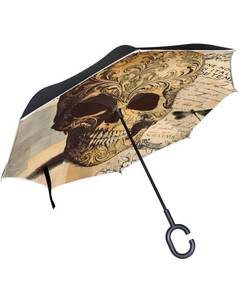 lot 20845 image: ALAZA Vintage Tattoo Skull Windproof Inverted Open Close Reverse Rain Umbrella Inside Out Quality Waterproof Parasol Upside Down Stick Shelter with Hook c Handle - Retail $34