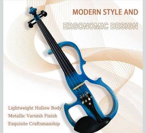 lot 20857 image: Electric Violin, 44 Full Size Silent Violin Fiddle with Ebony Fittings, Metallic Varnish Violin Kit for Beginners Students (Metallic Blue) - Retail $85