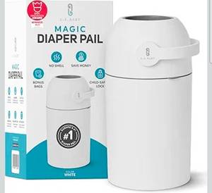 lot 20867 image: L.A. BABY Magic Diaper Pail - Patented 100% Odor-Free System with Child-Safe Lock - Award-Winning Design - No Refills Required - Works with Regular Trash Bags - White - Retail $69