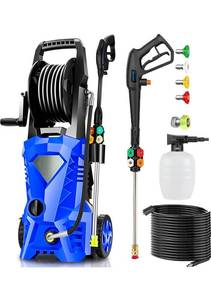 lot 20871 image: Electric Pressure Washer 5000 PSI 2.8 GPM High Power Washer with 4 Pressure Nozzle and Foam Cannon, powerwashers for Home, Car Washing, Fence Cleaning, Patio, Blue Looks like it was used and returned  - Retail $139