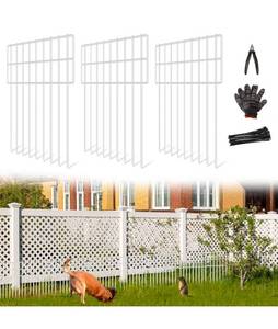 lot 20872 image: 25 Panels Garden Fencing Animal Barrier, 17in (H) X 27ft (L) Dog Dig Fence Barrier, 1.25in Gap Rustproof Metal Stakes Decorative Garden Fence, Ground Defense Border for Outdoor, Yard, Patio, White - Retail $59