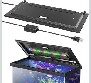lot 20887 image: LED Aquarium Hood, Fish Tank Cover with Adjustable-Brightness Colored Light Tubes, Replaceable Full-Length Bulb, Fits 24-Inch Framed Aquariums, Black - Retail $54