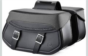 lot 20892 image: KEMIMOTO Synthetic Leather Motorcycle Saddlebags Universal Motorcycle Throw Over Saddle Bags Compatible with Sportster Dyna Softail Touring Models Vstar Shadow Wide Glide Black - Retail $92