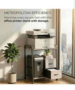 lot 20893 image: Printer Stand Featuring Fabric Drawers, Under Desk Host Computer Cabinet and Shredder Shelf, Heavy Duty Printer Stand with Storage Workstation Organization Printer Table for Home Office - Retail $99