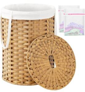 lot 20903 image: SETVSON Laundry Hamper with Lid Laundry Basket with Lid 19.0 Gal (72 L) Round Wicker Laundry Basket Handwoven Rattan Hamper Removable Bag 2 Mesh Bags Handles for Living Room Bathroom Natural - Retail $59