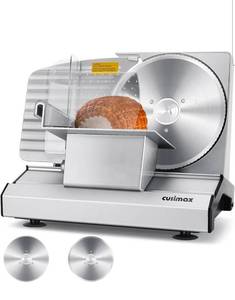 lot 20904 image: Meat Slicer,CUSIMAX Electric Deli Meat Slicer with 2 Removable 8.7Stainless Steel Blades,Removable Food Carriage,1-20mm Adjustable Thickness Food Slicer for Home,Easy for Cut Meat,Cheese,Bread - Retail $129