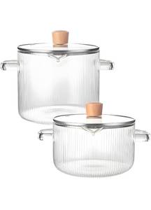 lot 20909 image: 2 Pcs Clear Borosilicate Glass Saucepan Set, High-Temperature Resistant Cooking Pots, Stovetop, Microwave & Dishwasher Safe, Includes Wooden Lids, Clear Glass Design for Easy Viewing - Retail $67
