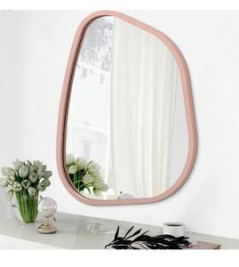 lot 20910 image: Irregular Wall Mirror 26x18, Asymmetrical Large Bathroom Mirror Wood Framed Modern Artistic Decorative Vanity Mirrors for Bedroom Living Room Entryway Hallway - Retail $54
