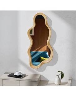 lot 20912 image: Irregular Wall Mirror, Wooden Framed Wall Asymmetrical Wavy Wall Mirror for Living Room Bedroom Entryway Bathroom Modern Decorative with Hanging Hooks 30x14 Inch - Retail $99