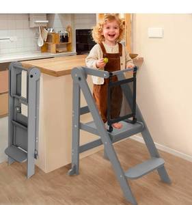 lot 20915 image: Foldable Toddler Tower, 3 Adjustable Height Toddler Standing Tower, Wooden Kids Kitchen Stool Helper with Safety Rails, Space Saving Kids Step Stool - Ages 18 Months to 6 Years - Retail $79