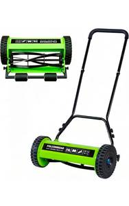 lot 20922 image: 14-Inch 4-Blade Push Reel Lawn Mower, Manual Reel Push Mower, Walk-Behind Lawn Mowers, 5-Position Cutting Height Adjustment for Garden, Yard and Field, Suitable for 1-3 Inches of Grass - Retail $79